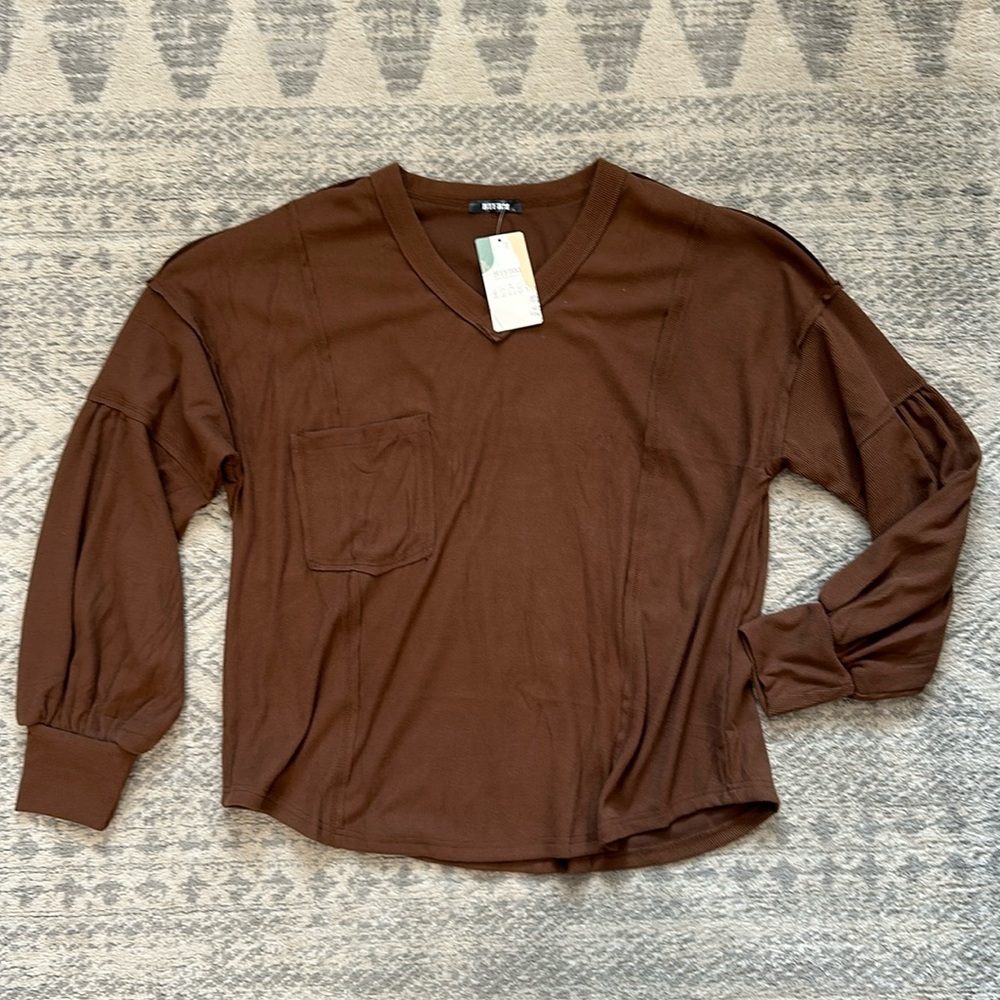 Brown Long Sleeve Ribbed Top with Pocket